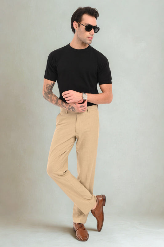 Men's Elegant Straight Fit 4-Way Stretch Lycra Trousers - Sand Beige