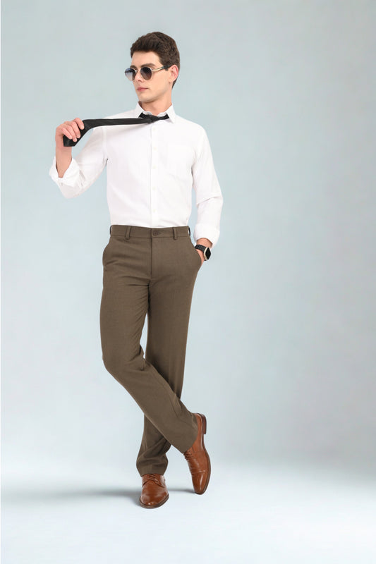Men's Elegant Straight Fit 4-Way Stretch Lycra Trousers – Brown Mélange