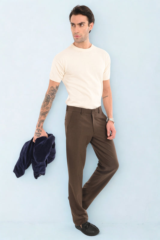 Men's Elegant Straight Fit 4-Way Stretch Lycra Trousers - Chestnut Brown