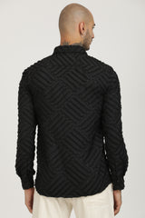 Black Classic Slim Fit Self Design Textured Casual Shirt - IVYN