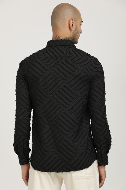 Black Classic Slim Fit Self Design Textured Casual Shirt - IVYN