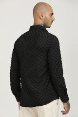 Black Classic Slim Fit Self Design Textured Casual Shirt - IVYN