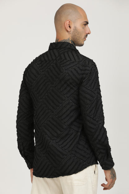 Black Classic Slim Fit Self Design Textured Casual Shirt - IVYN