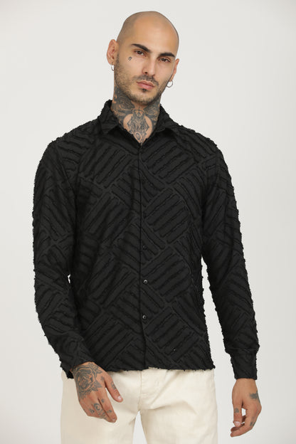 Black Classic Slim Fit Self Design Textured Casual Shirt - IVYN