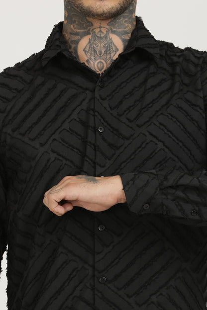 Black Classic Slim Fit Self Design Textured Casual Shirt - IVYN