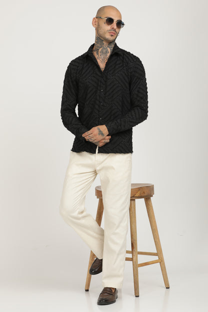 Black Classic Slim Fit Self Design Textured Casual Shirt - IVYN