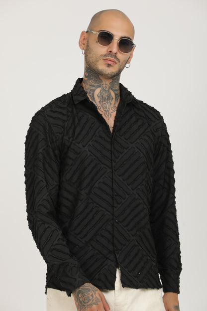 Black Classic Slim Fit Self Design Textured Casual Shirt - IVYN