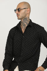 Black Classic Slim Fit Self Design Textured Casual Shirt - IVYN