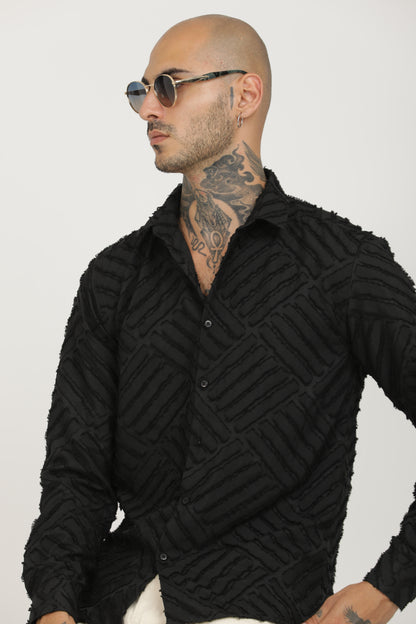Black Classic Slim Fit Self Design Textured Casual Shirt - IVYN