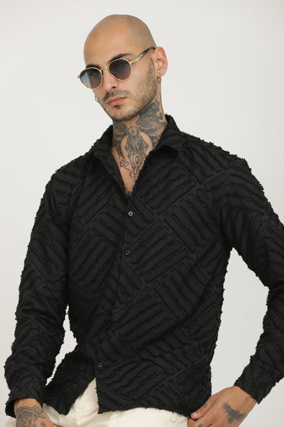 Black Classic Slim Fit Self Design Textured Casual Shirt - IVYN