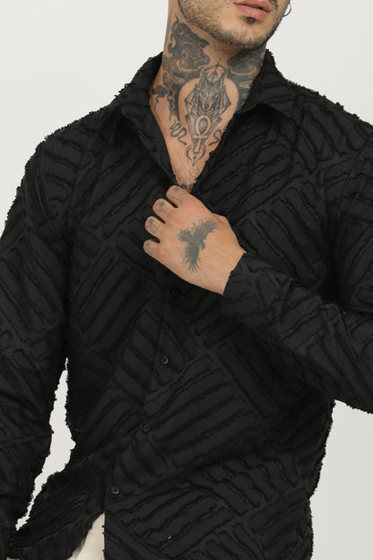 Black Classic Slim Fit Self Design Textured Casual Shirt - IVYN