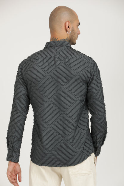 Grey Classic Slim Fit Self Design Textured Casual Shirt - IVYN