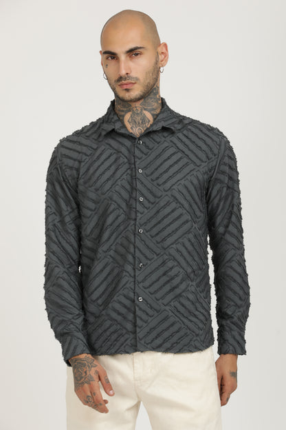 Grey Classic Slim Fit Self Design Textured Casual Shirt - IVYN