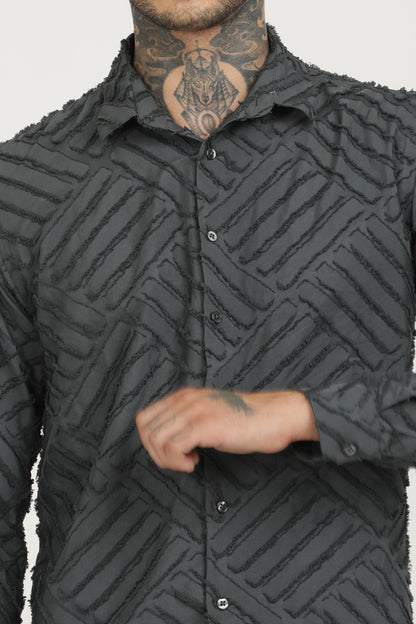 Grey Classic Slim Fit Self Design Textured Casual Shirt - IVYN