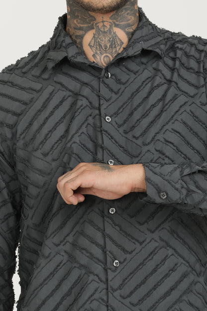 Grey Classic Slim Fit Self Design Textured Casual Shirt - IVYN