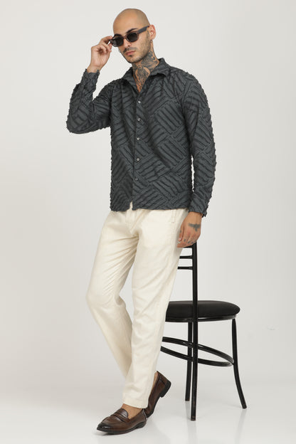 Grey Classic Slim Fit Self Design Textured Casual Shirt - IVYN