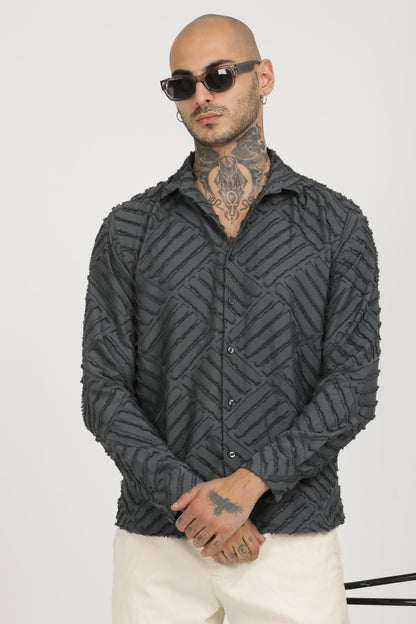 Grey Classic Slim Fit Self Design Textured Casual Shirt - IVYN