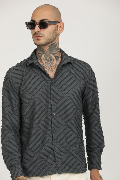 Grey Classic Slim Fit Self Design Textured Casual Shirt - IVYN