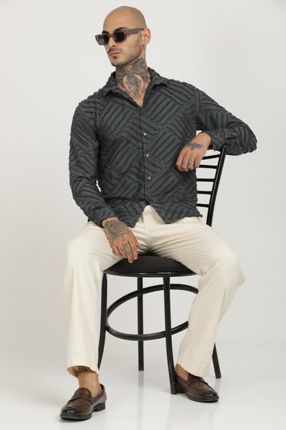 Grey Classic Slim Fit Self Design Textured Casual Shirt - IVYN