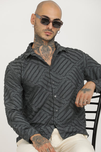 Grey Classic Slim Fit Self Design Textured Casual Shirt - IVYN