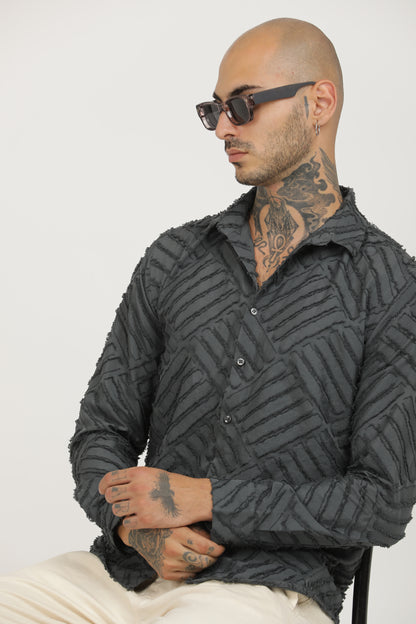 Grey Classic Slim Fit Self Design Textured Casual Shirt - IVYN
