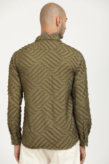 Olive Green Classic Slim Fit Self Design Textured Casual Shirt - IVYN