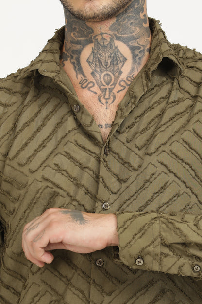 Olive Green Classic Slim Fit Self Design Textured Casual Shirt - IVYN