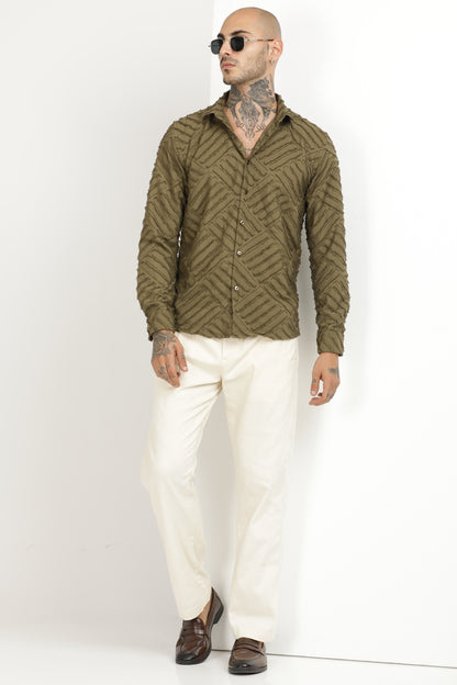 Olive Green Classic Slim Fit Self Design Textured Casual Shirt - IVYN