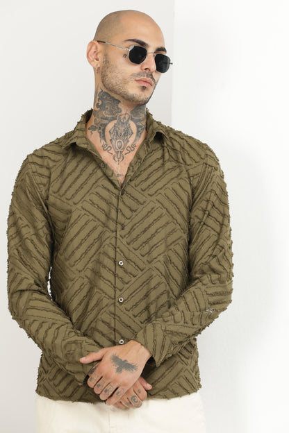 Olive Green Classic Slim Fit Self Design Textured Casual Shirt - IVYN