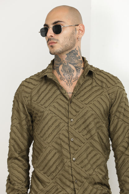 Olive Green Classic Slim Fit Self Design Textured Casual Shirt - IVYN