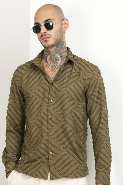 Olive Green Classic Slim Fit Self Design Textured Casual Shirt - IVYN