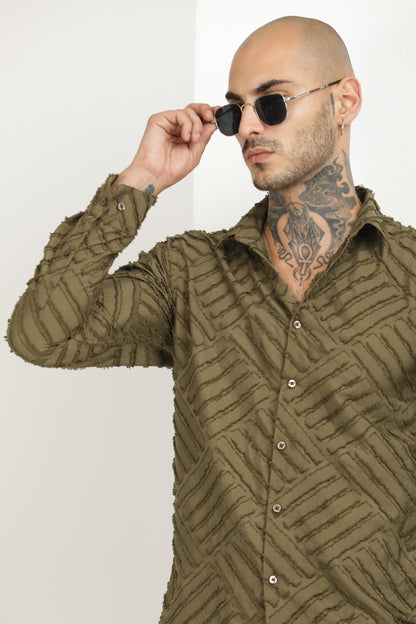 Olive Green Classic Slim Fit Self Design Textured Casual Shirt - IVYN