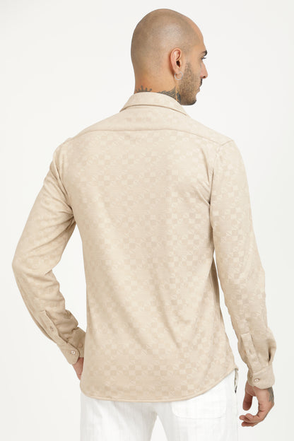 Beige Classic Slim Fit Self Design Textured Casual Shirt - IVYN