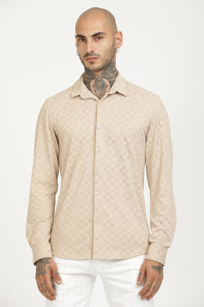 Beige Classic Slim Fit Self Design Textured Casual Shirt - IVYN