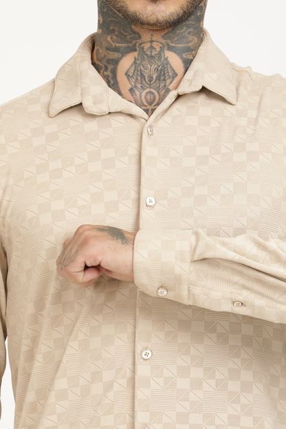 Beige Classic Slim Fit Self Design Textured Casual Shirt - IVYN