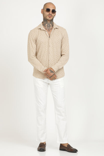 Beige Classic Slim Fit Self Design Textured Casual Shirt - IVYN