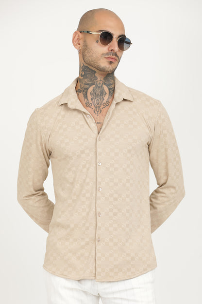 Beige Classic Slim Fit Self Design Textured Casual Shirt - IVYN