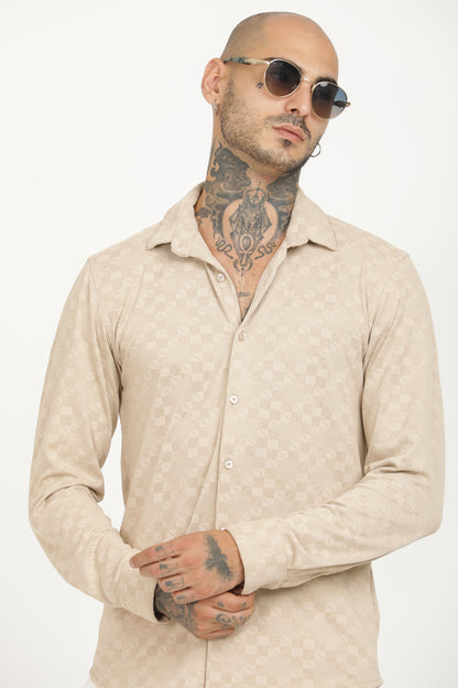 Beige Classic Slim Fit Self Design Textured Casual Shirt - IVYN
