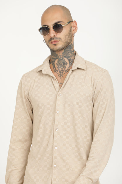 Beige Classic Slim Fit Self Design Textured Casual Shirt - IVYN