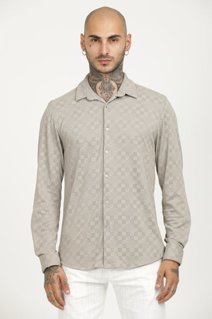 Light Grey Classic Slim Fit Self Design Textured Casual Shirt - IVYN