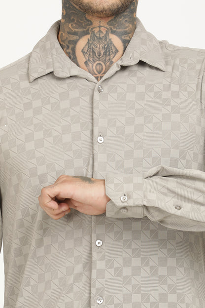 Light Grey Classic Slim Fit Self Design Textured Casual Shirt - IVYN