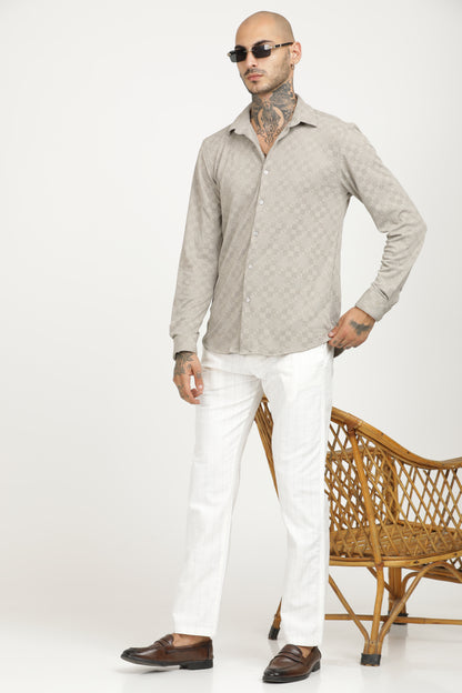 Light Grey Classic Slim Fit Self Design Textured Casual Shirt - IVYN