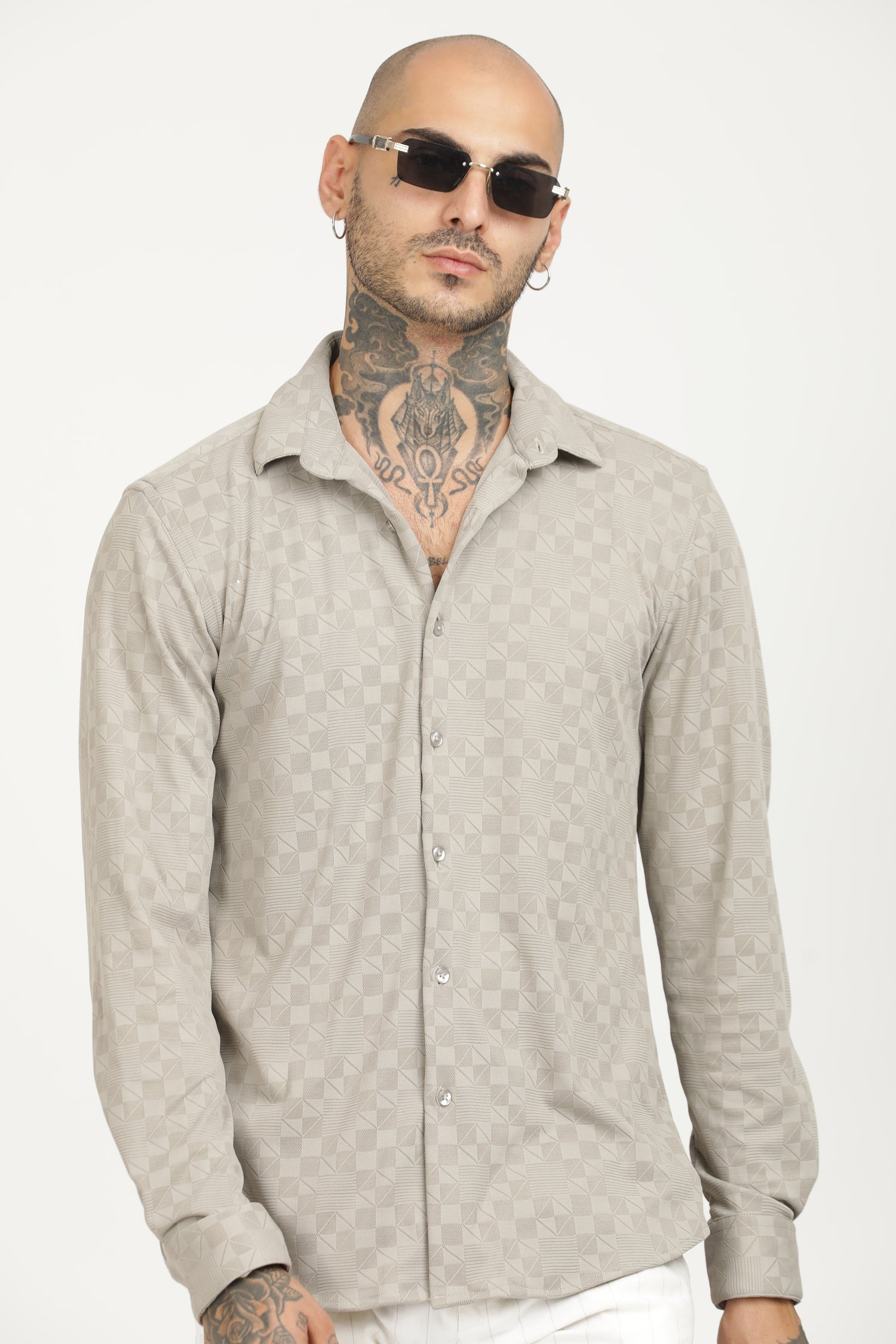 Light Grey Classic Slim Fit Self Design Textured Casual Shirt - IVYN