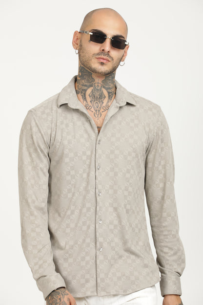 Light Grey Classic Slim Fit Self Design Textured Casual Shirt - IVYN
