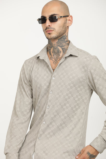 Light Grey Classic Slim Fit Self Design Textured Casual Shirt - IVYN