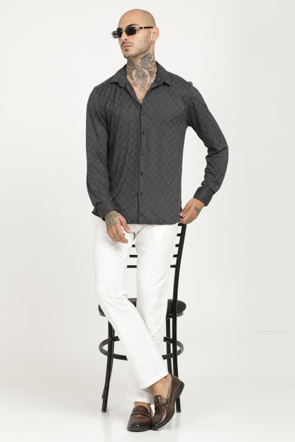 Charcoal Classic Slim Fit Self Design Textured Casual Shirt - IVYN