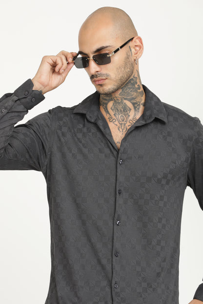 Charcoal Classic Slim Fit Self Design Textured Casual Shirt - IVYN