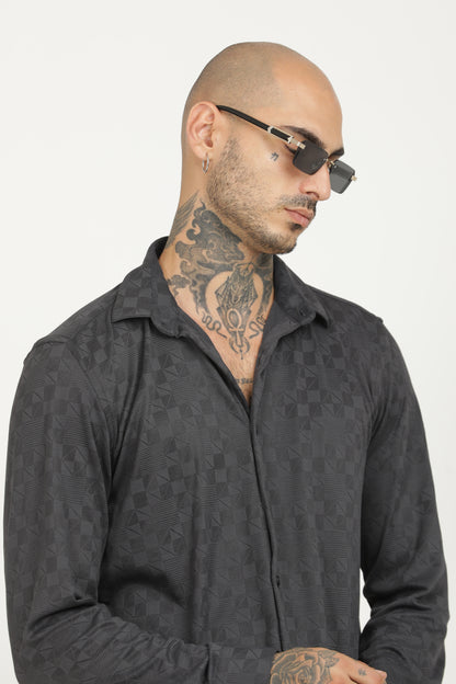 Charcoal Classic Slim Fit Self Design Textured Casual Shirt - IVYN