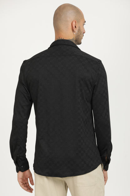 Dark Black Classic Slim Fit Self Design Textured Casual Shirt - IVYN