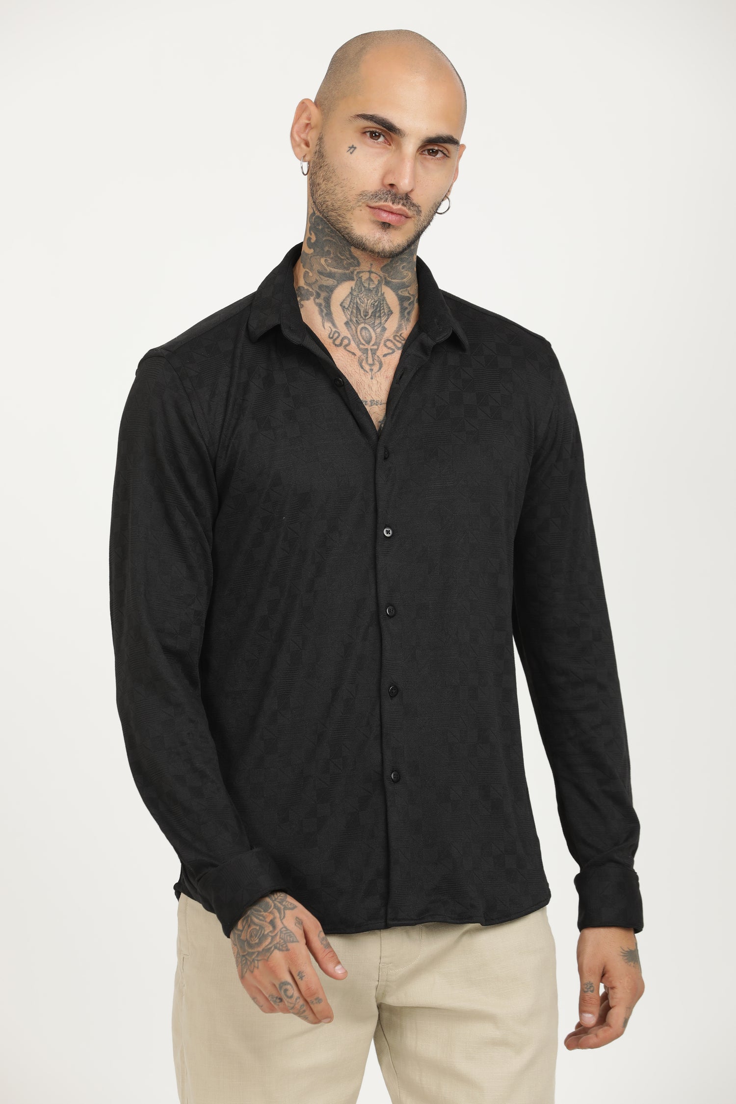 Dark Black Classic Slim Fit Self Design Textured Casual Shirt - IVYN